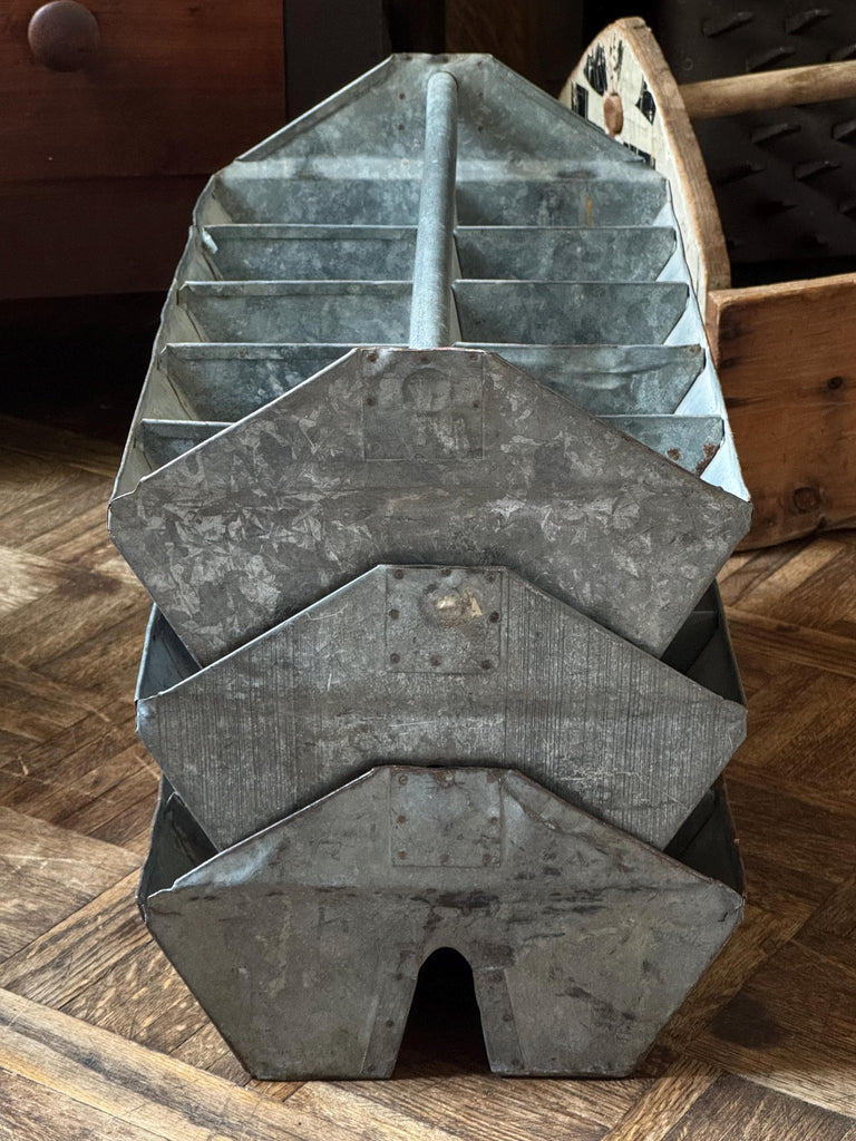 Set Of Three Large Antique Tool Caddys, Stacking Tool Caddy, Galvanized Metal Toolbox, Antique Totes, Metal Tote, Tool Tote