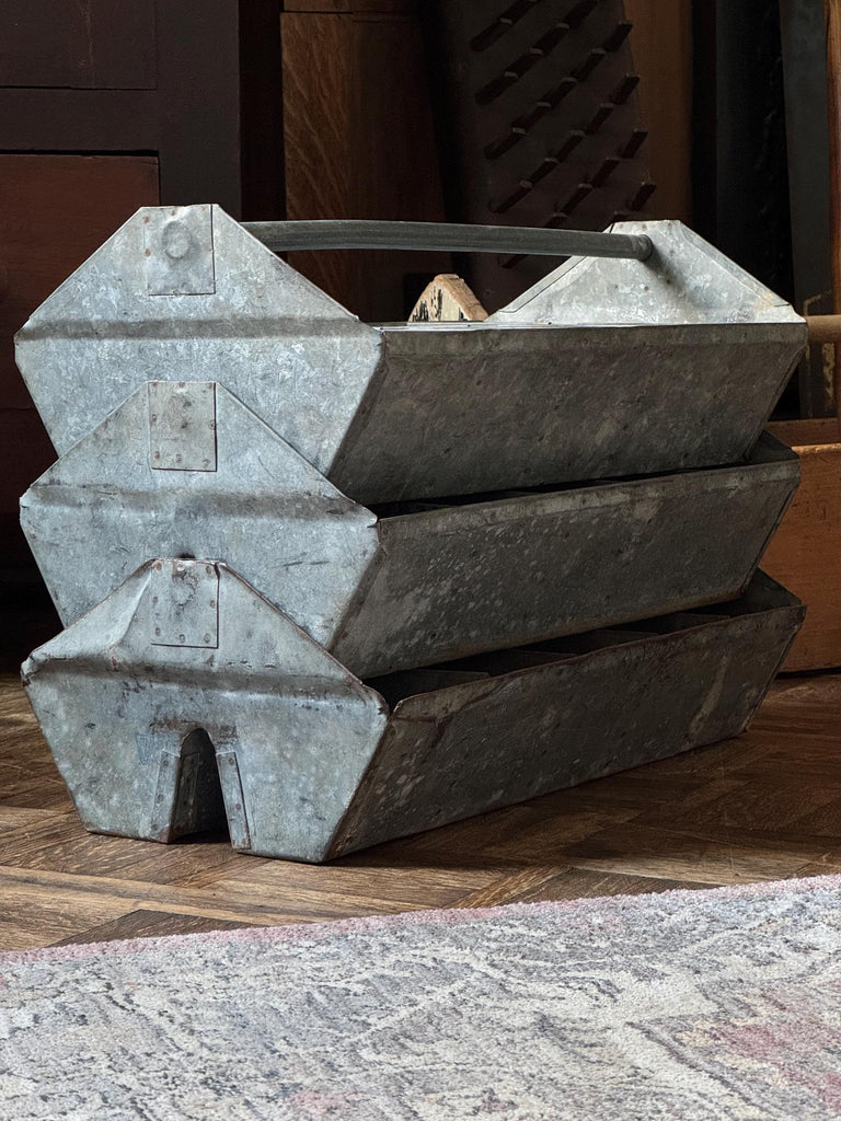 Set Of Three Large Antique Tool Caddys, Stacking Tool Caddy, Galvanized Metal Toolbox, Antique Totes, Metal Tote, Tool Tote