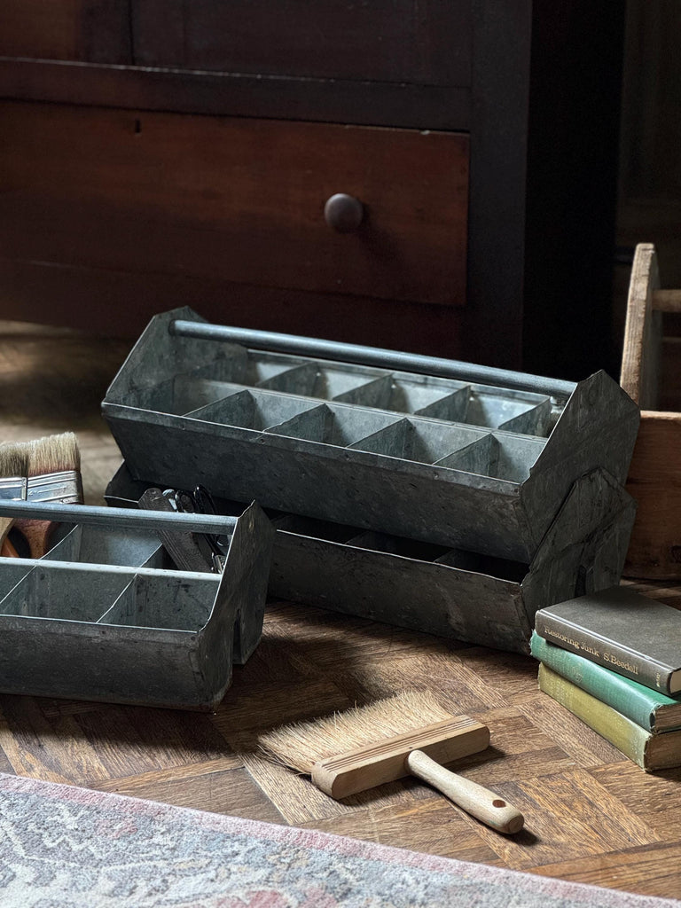 Set Of Three Large Antique Tool Caddys, Stacking Tool Caddy, Galvanized Metal Toolbox, Antique Totes, Metal Tote, Tool Tote