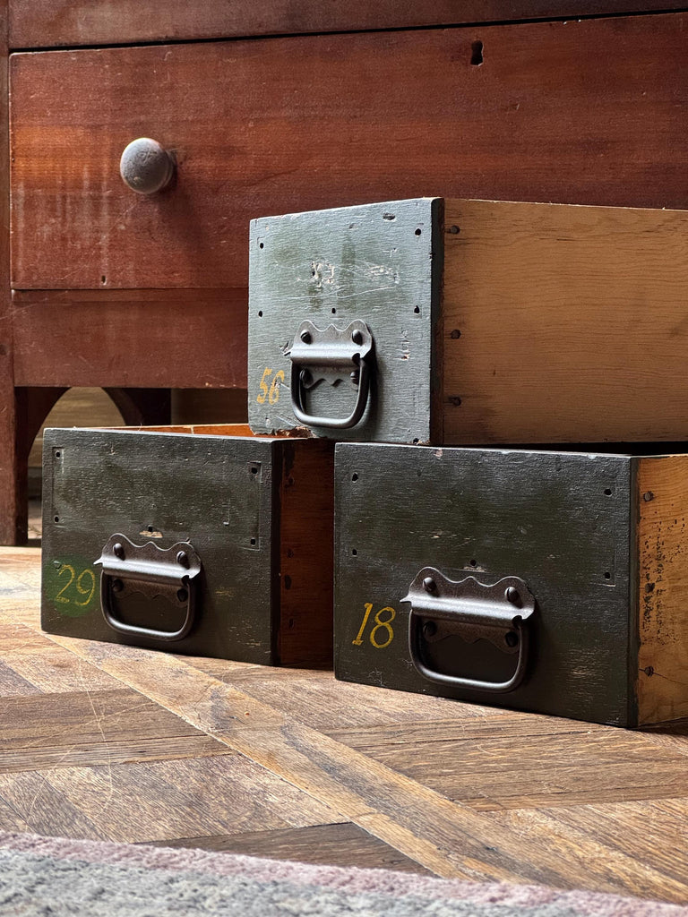 Set Of Three Antique Wood Drawers, Parts Cabinet Drawers, Workbench Drawers, Wooden Drawers, Industrial Drawer Decor