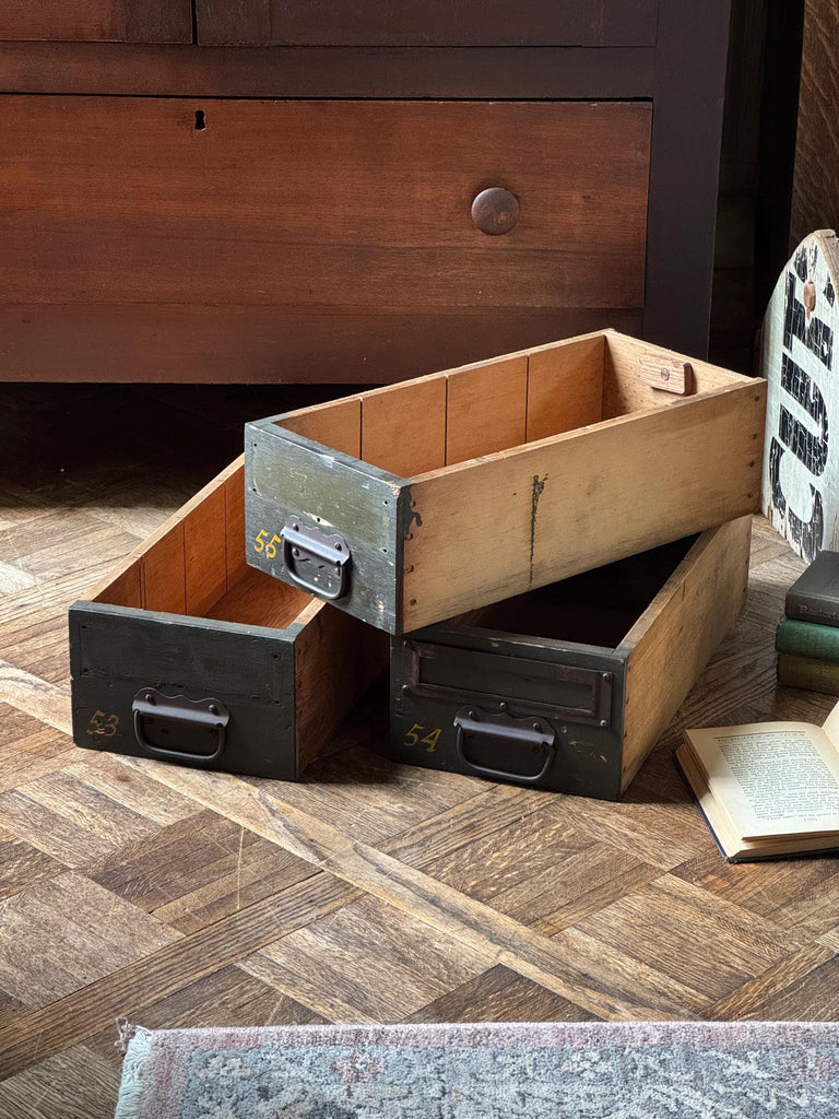 Set Of Three Antique Wood Drawers, Parts Cabinet Drawers, Work Bench Drawers, Wooden Drawers, Industrial Drawer Decor