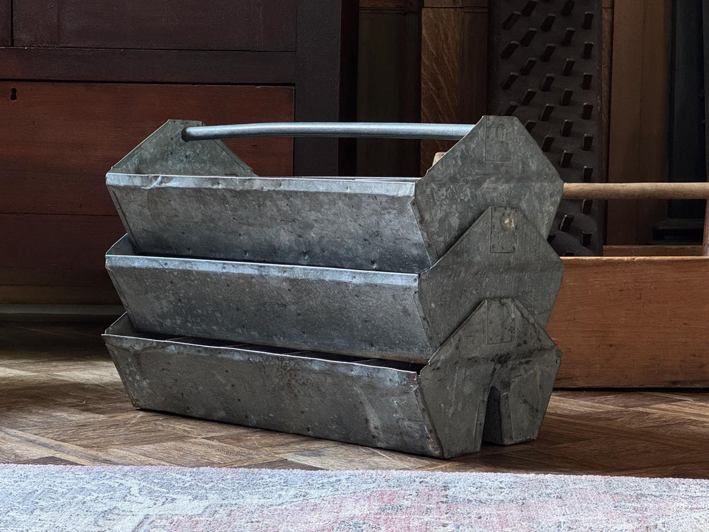 Set Of Three Large Antique Tool Caddys, Stacking Tool Caddy, Galvanized Metal Toolbox, Antique Totes, Metal Tote, Tool Tote
