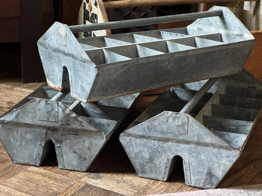 Set Of Three Large Antique Tool Caddys, Stacking Tool Caddy, Galvanized Metal Toolbox, Antique Totes, Metal Tote, Tool Tote