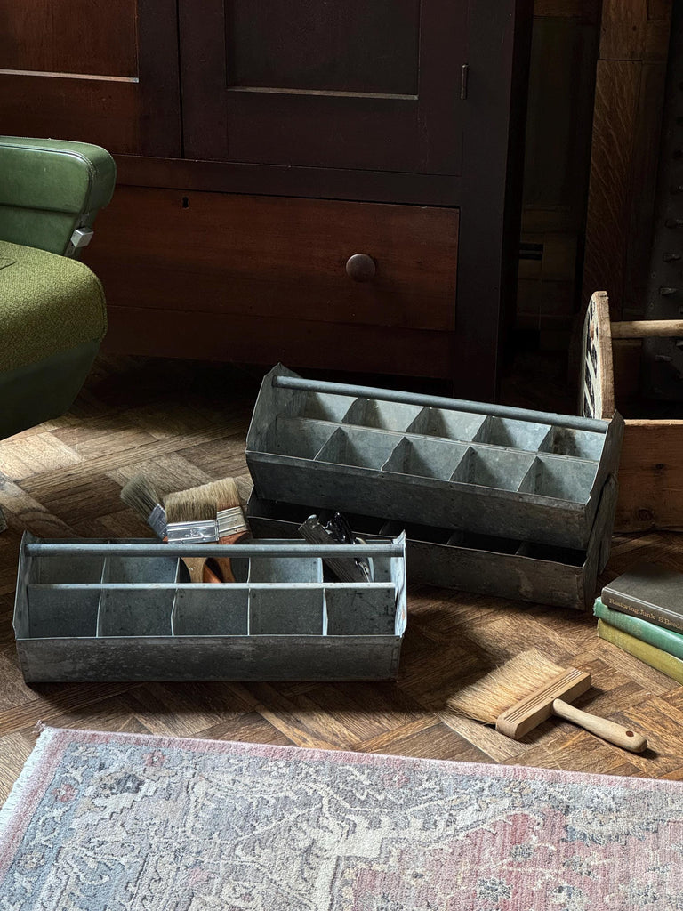 Set Of Three Large Antique Tool Caddys, Stacking Tool Caddy, Galvanized Metal Toolbox, Antique Totes, Metal Tote, Tool Tote