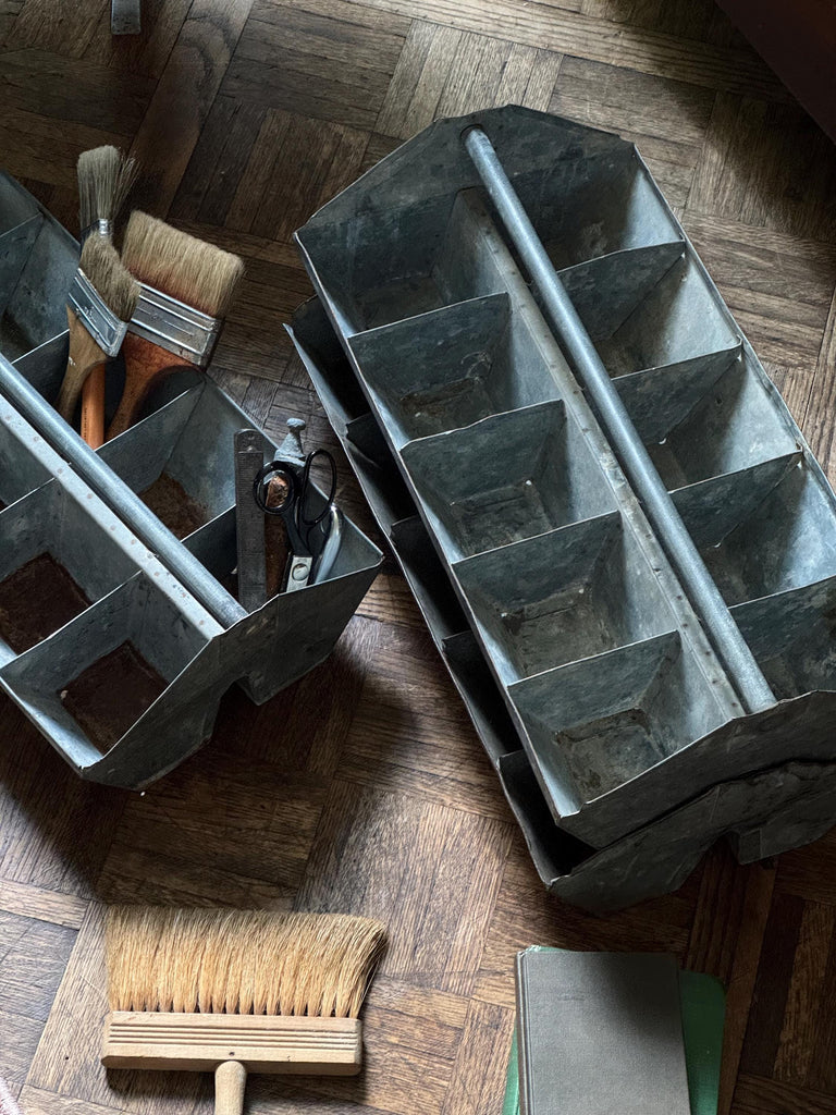 Set Of Three Large Antique Tool Caddys, Stacking Tool Caddy, Galvanized Metal Toolbox, Antique Totes, Metal Tote, Tool Tote