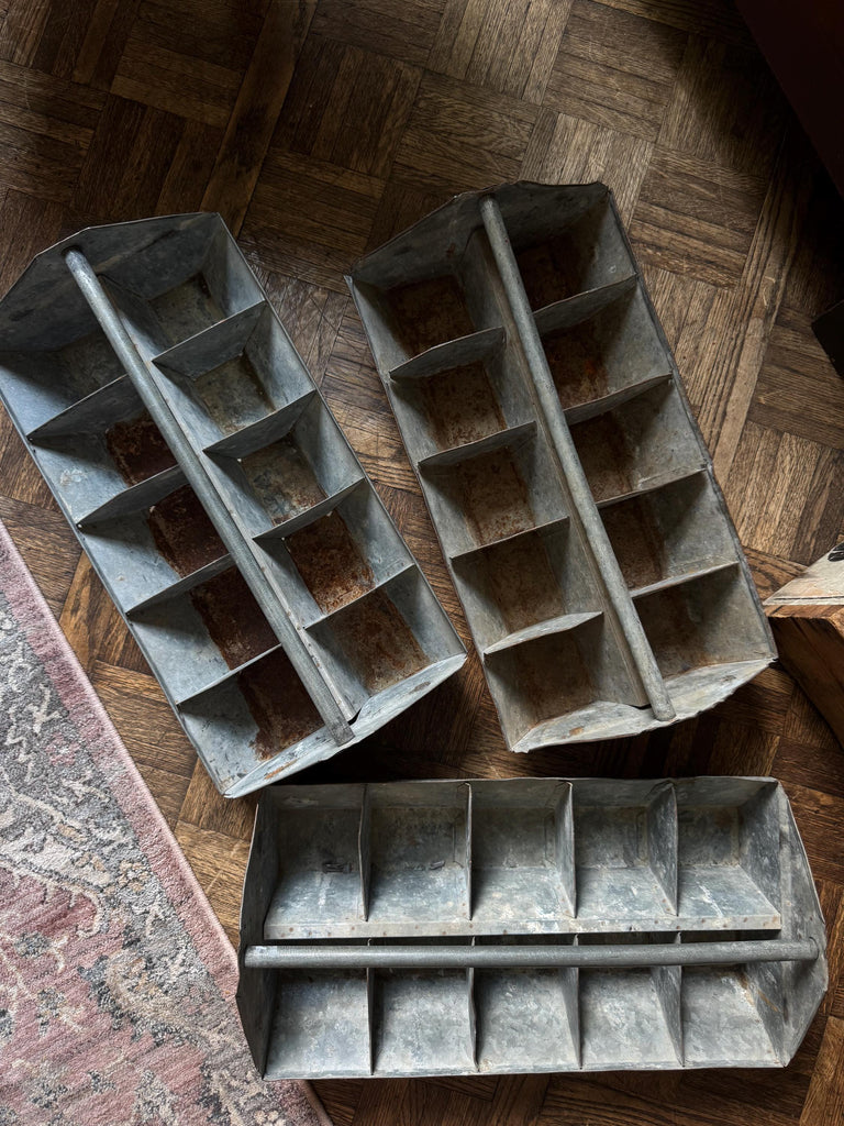 Set Of Three Large Antique Tool Caddys, Stacking Tool Caddy, Galvanized Metal Toolbox, Antique Totes, Metal Tote, Tool Tote