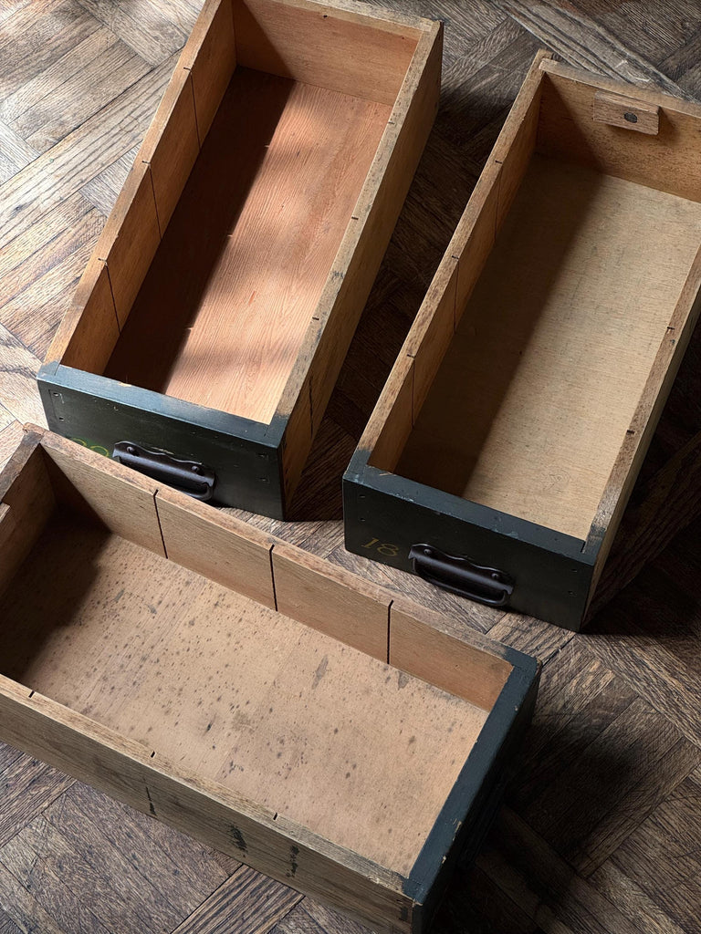 Set Of Three Antique Wood Drawers, Parts Cabinet Drawers, Workbench Drawers, Wooden Drawers, Industrial Drawer Decor
