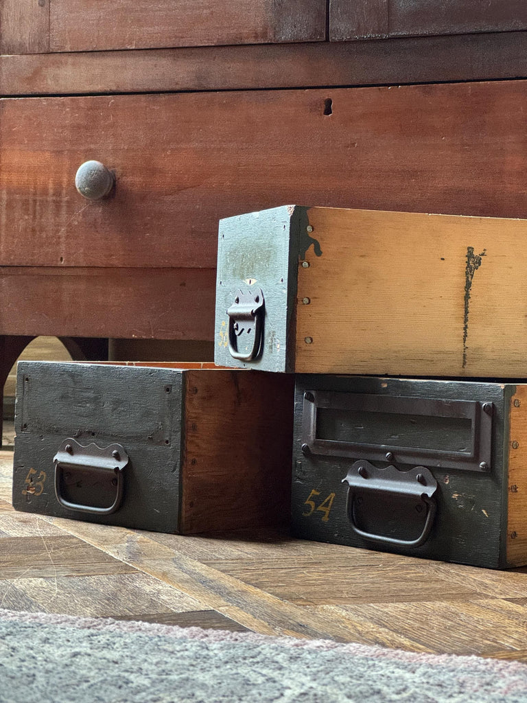 Set Of Three Antique Wood Drawers, Parts Cabinet Drawers, Work Bench Drawers, Wooden Drawers, Industrial Drawer Decor