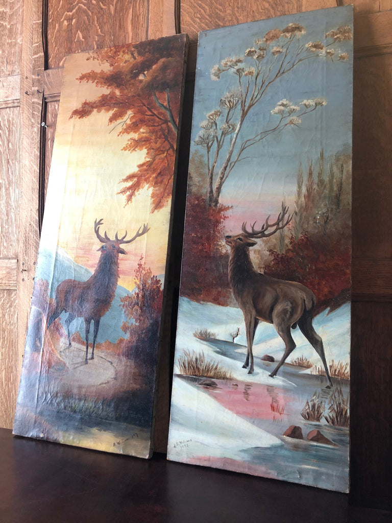 Pair of Antique Oil Paintings On Canvas, Deer Buck Outdoor Scene, Mountain Wall Art, Cabin Lodge Decor, Hunting Decor