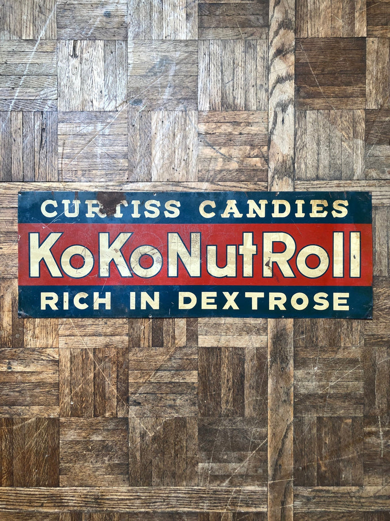Antique Koko Nut Roll Candy Sign, 1930s Curtiss Candies Sign, Red White and Blue Tin Tacker Sign, Vintage Metal Candy Sign