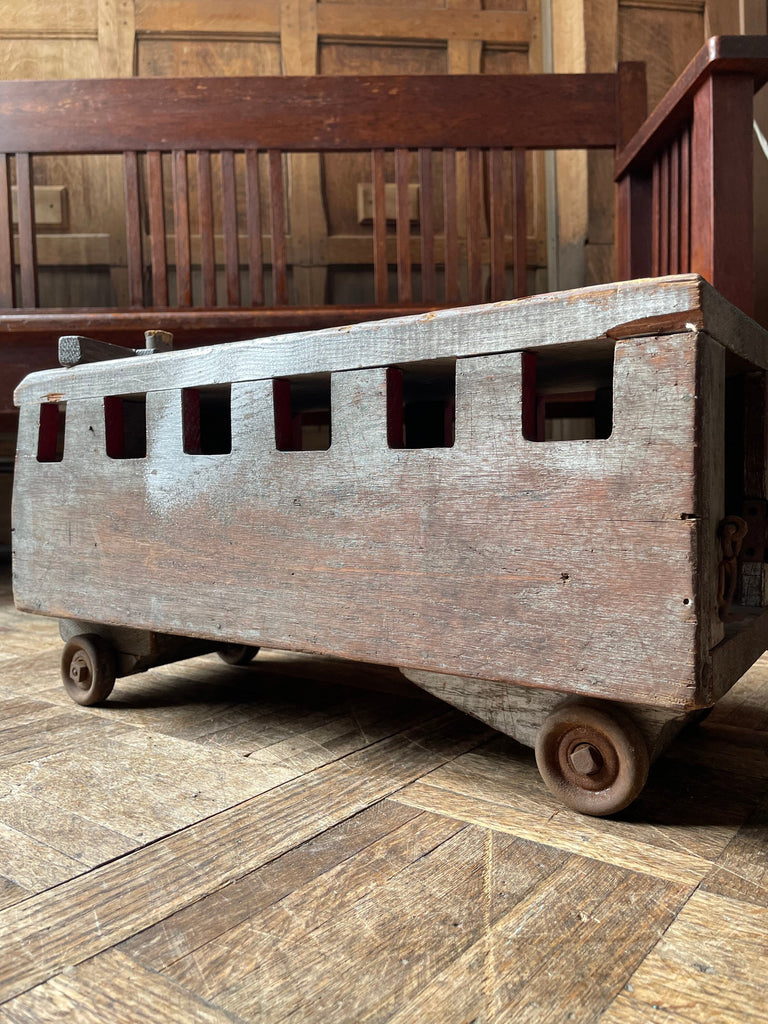 Large Antique Folk Art Trolley Car, Handmade Wood Trolley Car, Antique Wood Toy, Ride On Toy, Primitive Toy, Industrial Table Top Decor
