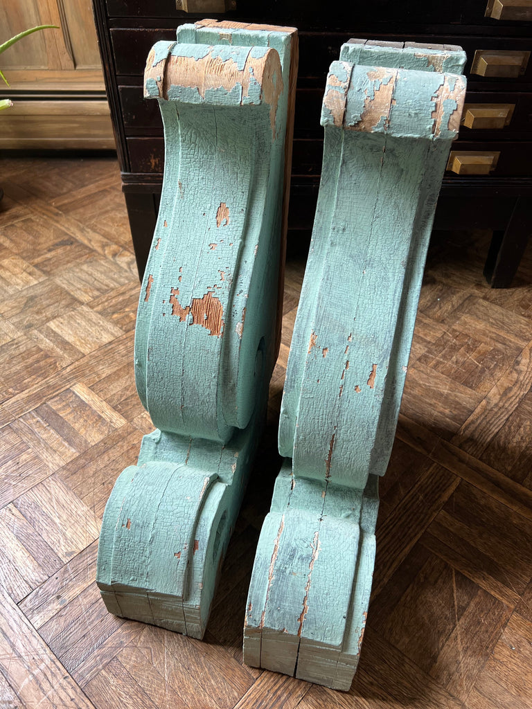 Pair Of Antique Wood Corbels, Large Blue Painted Corbels, Architectural Salvage, Chippy Farmhouse Decor, Victorian Corbels