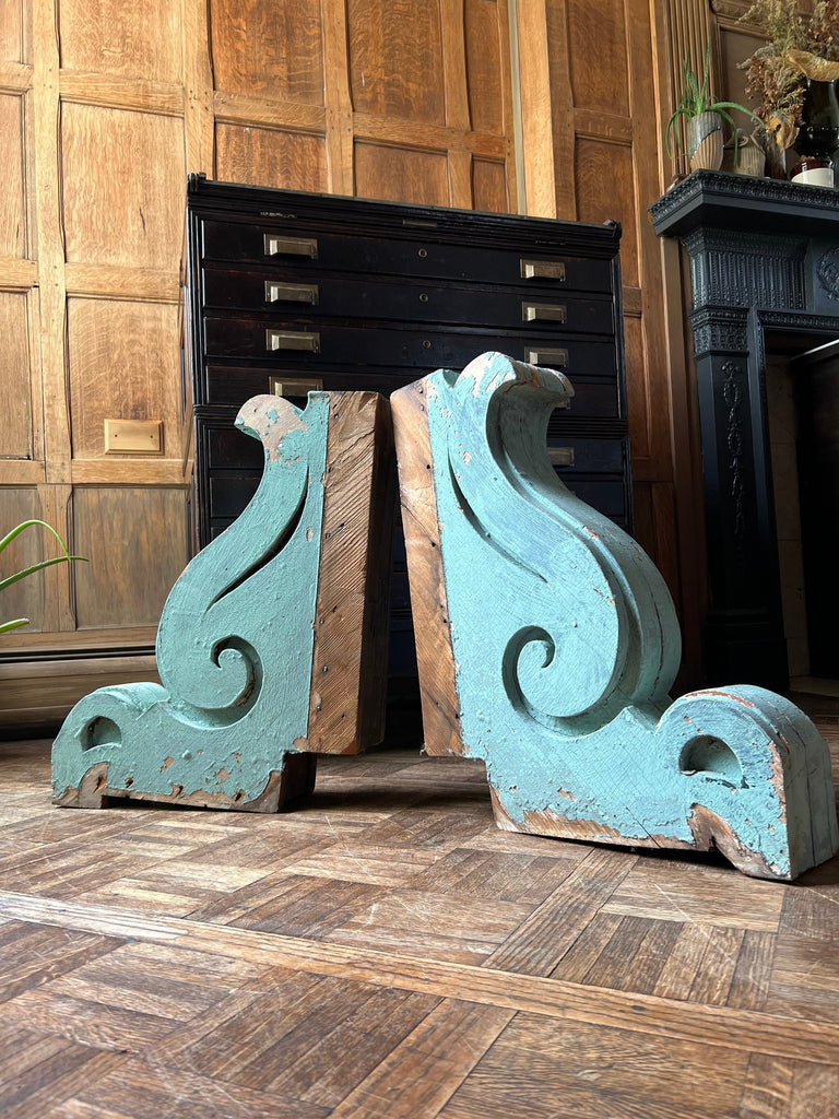 Pair Of Antique Wood Corbels, Large Blue Painted Corbels, Architectural Salvage, Chippy Farmhouse Decor, Victorian Corbels