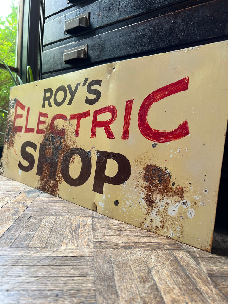 Vintage Electric Shop Sign, Roys Electric Shop, Hand Painted Shop Sign, Trade Sign, Rusty Vintage Sign