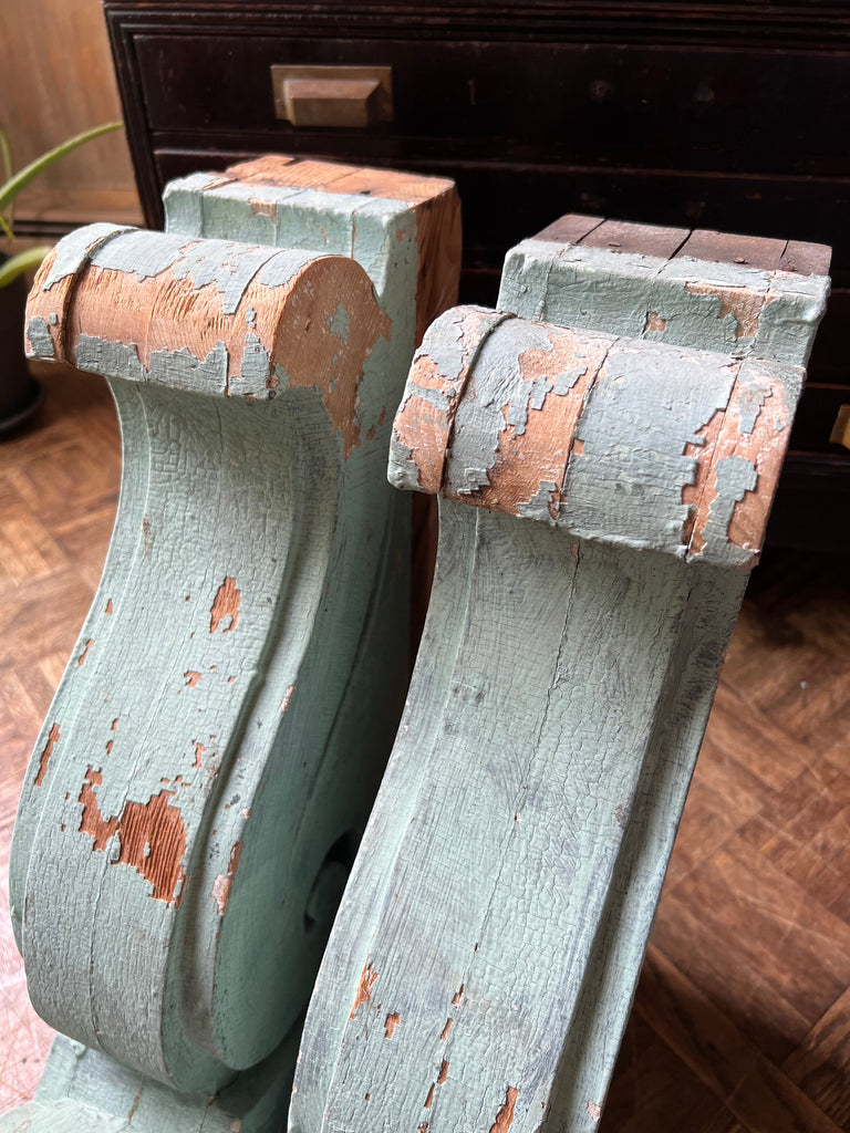 Pair Of Antique Wood Corbels, Large Blue Painted Corbels, Architectural Salvage, Chippy Farmhouse Decor, Victorian Corbels