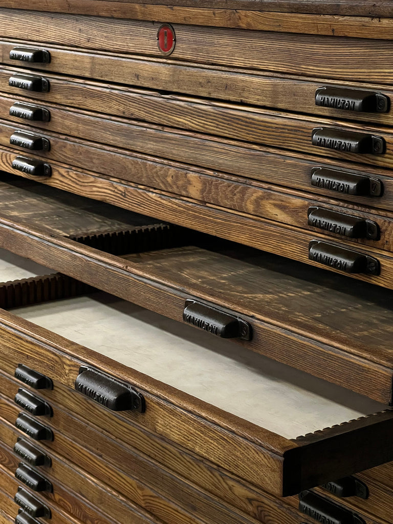 Antique Printers Cabinet, Hamilton Typeset Cabinet, Flat File Cabinet, Double Wide Slant-Top Workbench, Jewelry Storage, Art Storage