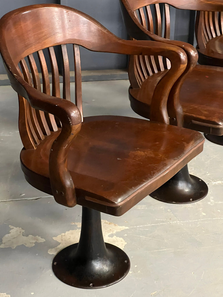 Antique Jury Chairs, Set Of Four Revolving Juror Chairs With Cast Iron Base, Antique Pedestal Chair, Wood Desk Chairs
