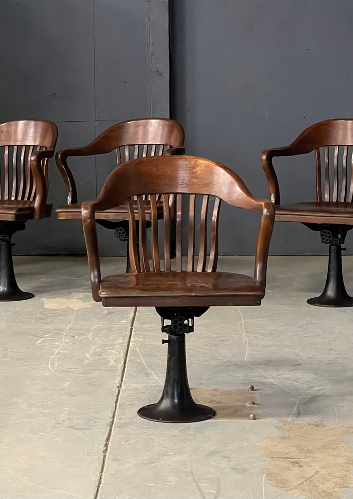 Antique Jury Chairs, Set Of Four Revolving Juror Chairs With Cast Iron Base, Antique Pedestal Chair, Wood Desk Chairs