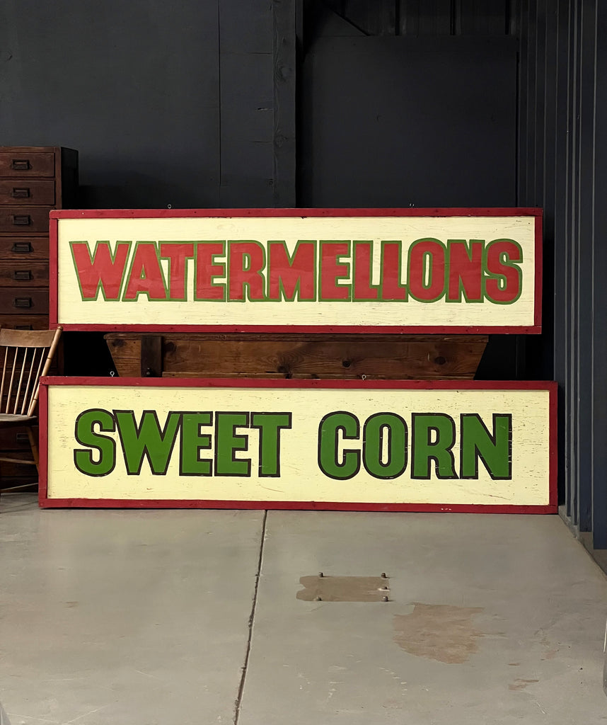Large Vintage Produce Signs, Watermellons And Sweet Corn, Hand Painted Farm Stand Sign, Trade Sign, Kitchen Sign