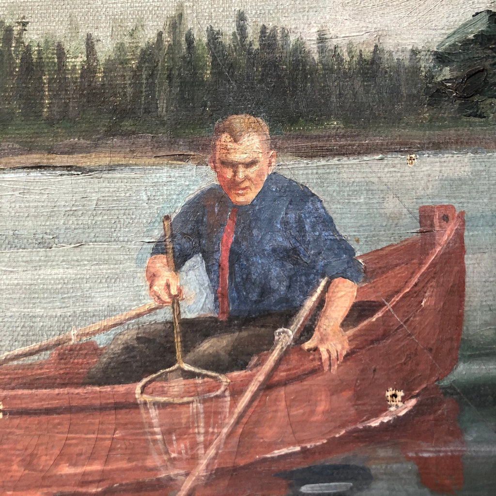 Vintage Oil Painting On Canvas, Fishing Painting, Two Men In A Boat Fishing, Vintage Bass Fishing, Lake House Decor
