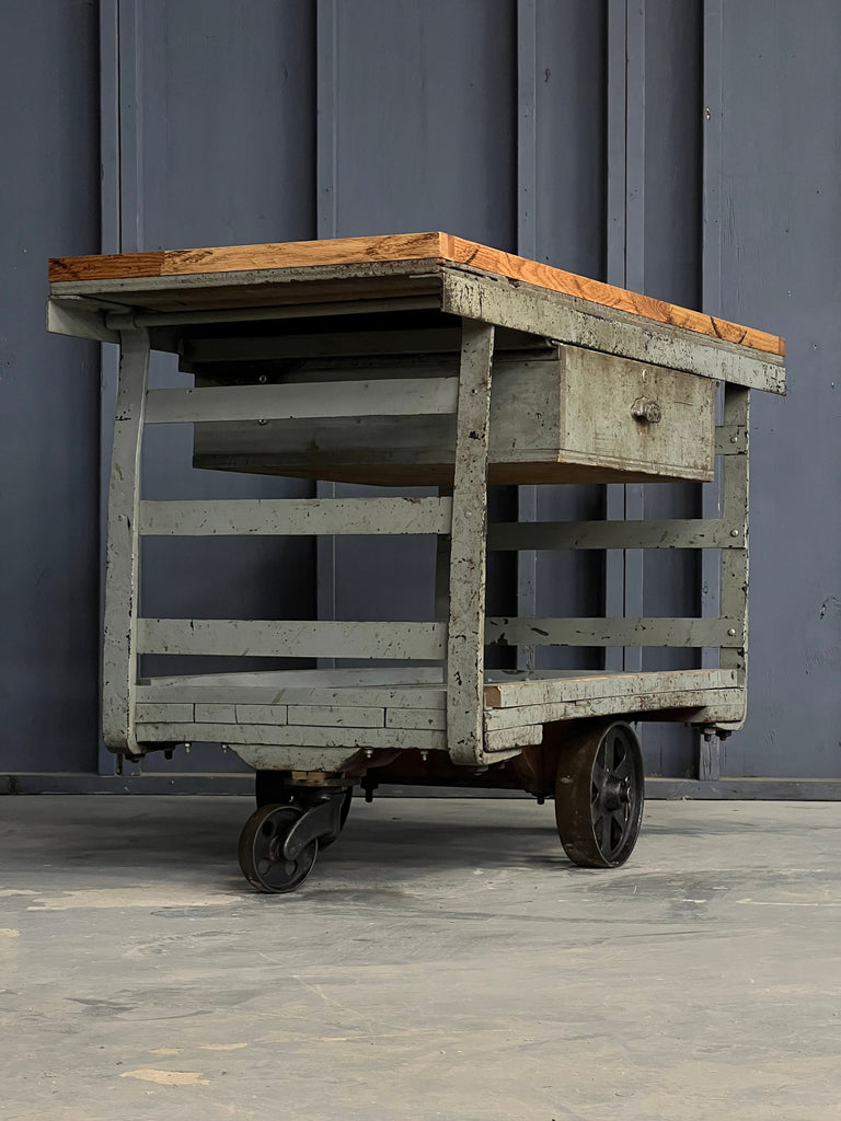 Industrial Factory Cart Table, Wood Butcher Block Factory Cart Island, Entryway Furniture
