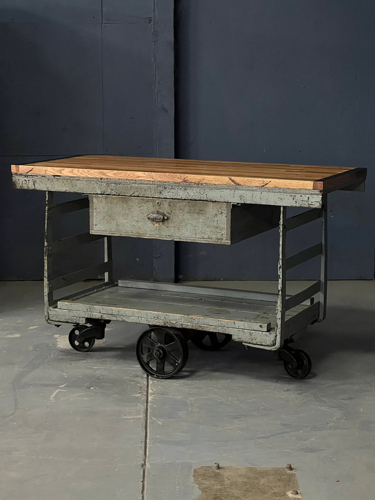 Industrial Factory Cart Table, Wood Butcher Block Factory Cart Island, Entryway Furniture