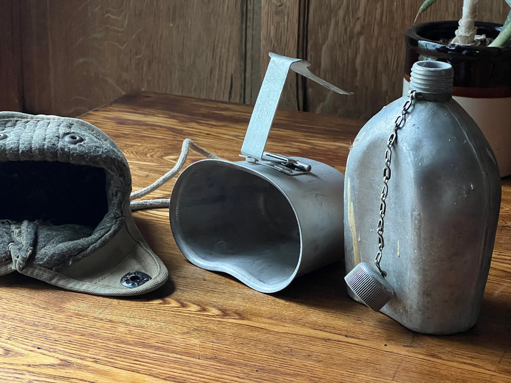 WWII US Military Canteen, Canvas And Metal Canteen And Cup, Antique US Military Collectible