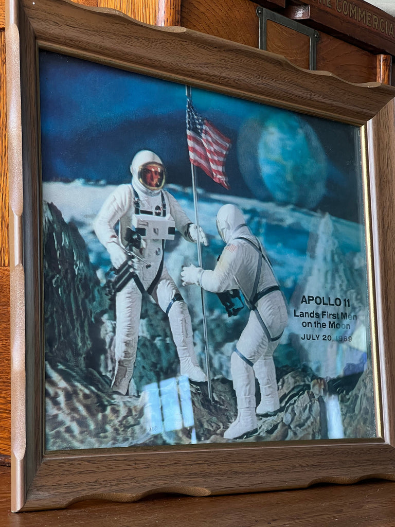 Vintage Framed Hologram 3D Print, Apollo 11 Lands First Men On The Moon July 20, 1969, Patriotic Moon Landing, Vintage Astronaut Decor