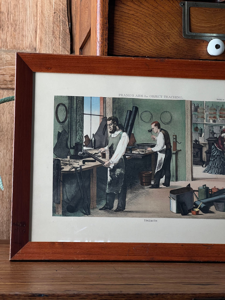 Antique Framed Print, Tinsmith Hand Colored Lithograph, Prang’s Aids For Object Teaching, Tin Making, Antique Lithograph