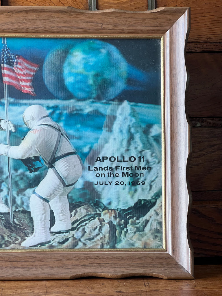 Vintage Framed Hologram 3D Print, Apollo 11 Lands First Men On The Moon July 20, 1969, Patriotic Moon Landing, Vintage Astronaut Decor