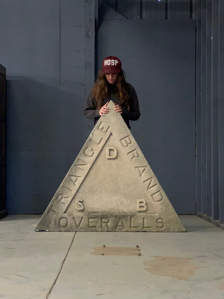 Large Antique Trade Sign, Triangle Brand Overalls, Antique Stone Factory Building Sign, Sandstone Architectural Salvage, Large Triangle Sign