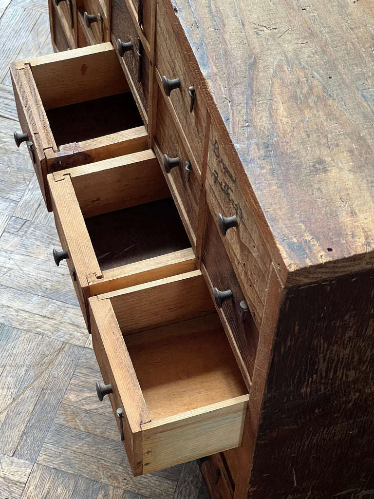 Antique Drawer Unit, Hand Made Parts Cabinet, Hardware Store Parts Unit, Wood Drawer Unit, Rustic Industrial Storage