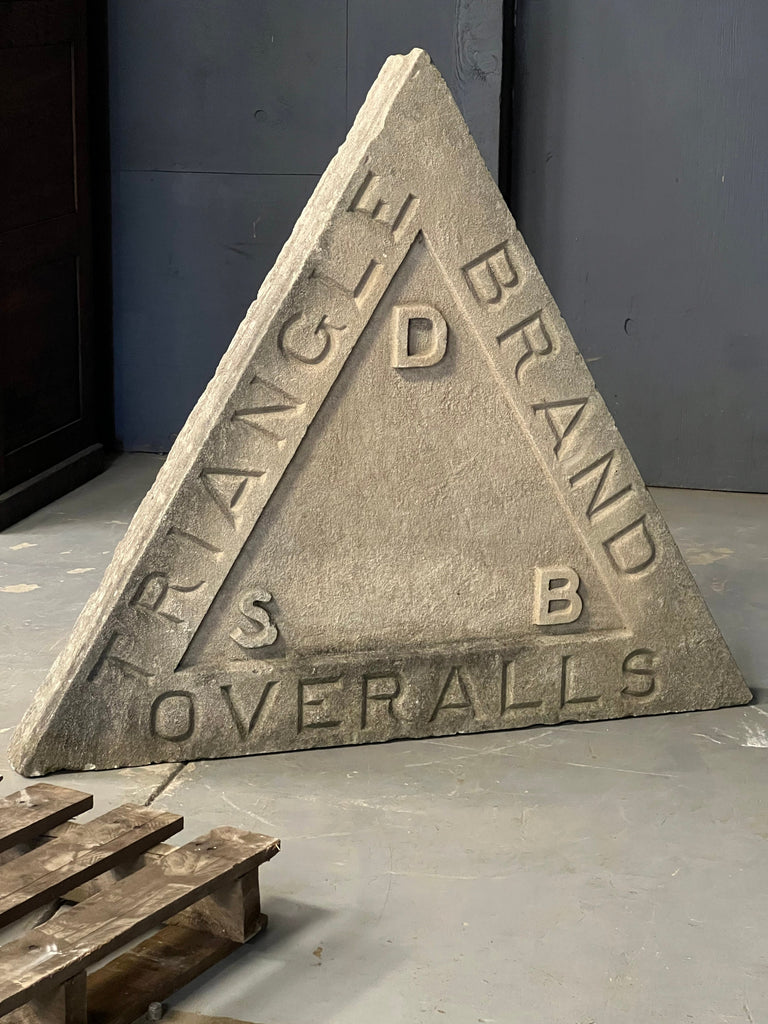 Large Antique Trade Sign, Triangle Brand Overalls, Antique Stone Factory Building Sign, Sandstone Architectural Salvage, Large Triangle Sign