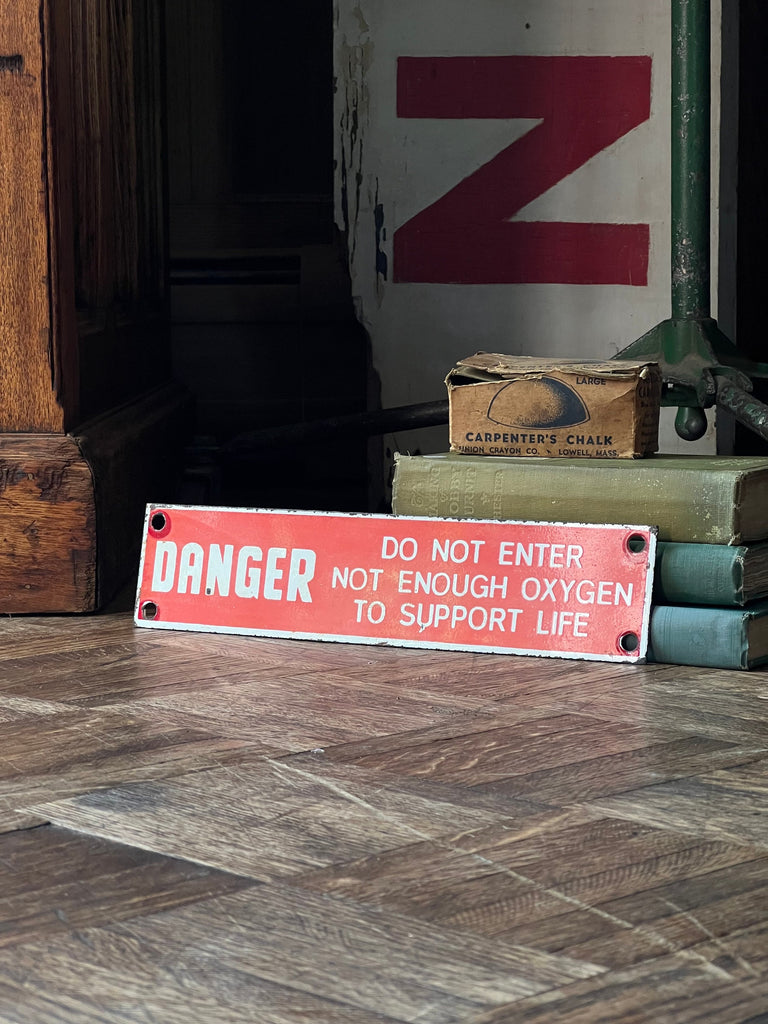 Antique Danger Sign, Red And White Porcelain Warning Sign, No Oxygen Sign, Old Caution Sign, Factory Sign
