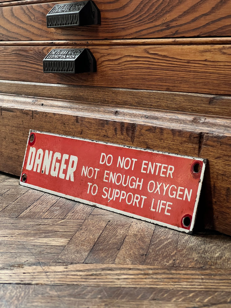 Antique Danger Sign, Red And White Porcelain Warning Sign, No Oxygen Sign, Old Caution Sign, Factory Sign