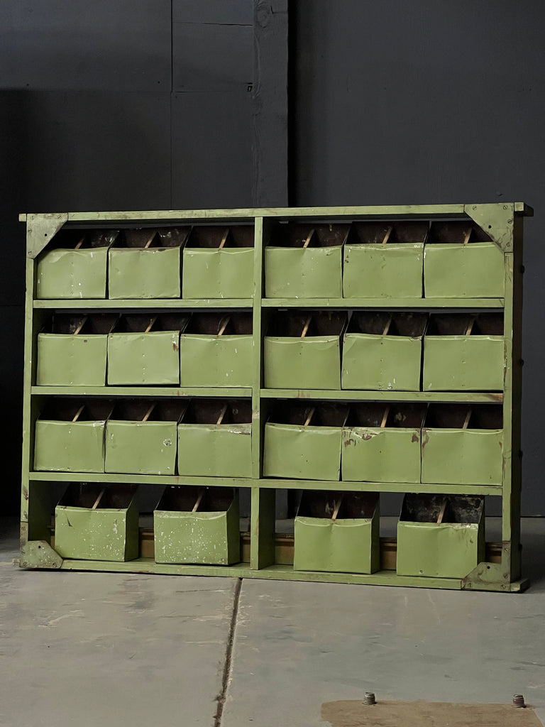 Antique Parts Cabinet, Machinist Cabinet, Bolt Bin, Industrial Metal And Wood Drawer Unit, Large Storage Cabinet, Green Cabinet