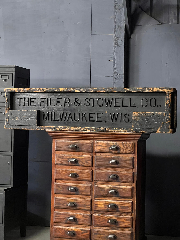 LARGE Antique Name Plate Foundry Mold, Wood Trade Sign, Filer And Stowell Milwaukee Industrial Wood Foundry Mold Sign, Industrial Decor