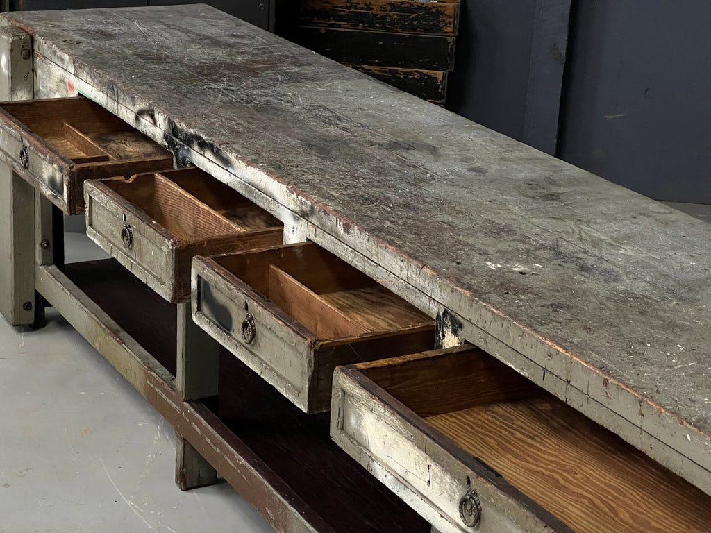 Large Antique Workbench Table, 12 FT Train Station Workbench, Wood Workbench Table, Primitive Kitchen Island, Rustic Farmhouse Table