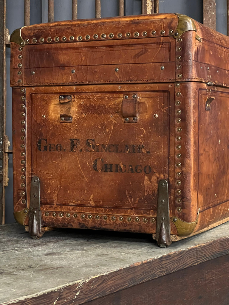 LARGE Antique Leather Trunk, George F. Sinclair Chicago, Antique Immigrant Trunk, Steamer Trunk, Stagecoach Trunk, Trunk Storage