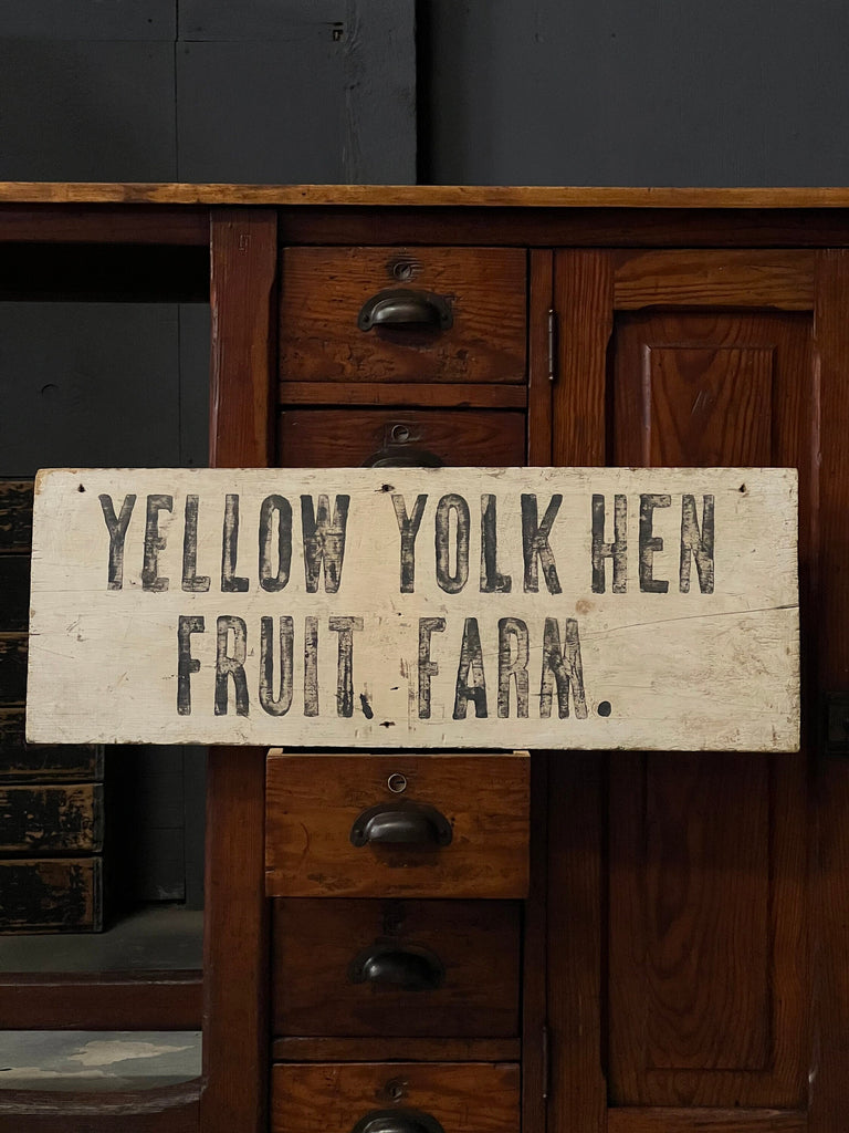 Antique Yellow Yolk Hen Fruit Farm Sign, Antique Farm Sign, Hand Painted Trade Sign, Rustic Farmhouse Decor, Antique Kitchen Sign